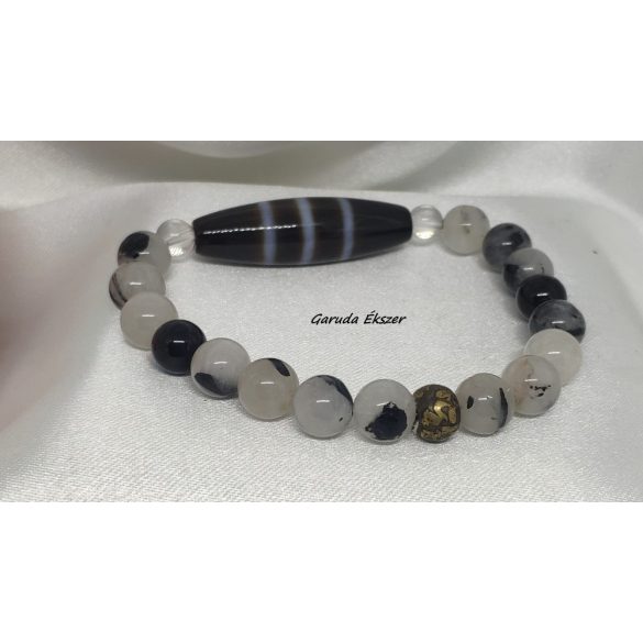 Szerencsés élet - Csíkos dzi gyöngy turmalin kvarc karkötő Férfi változat 