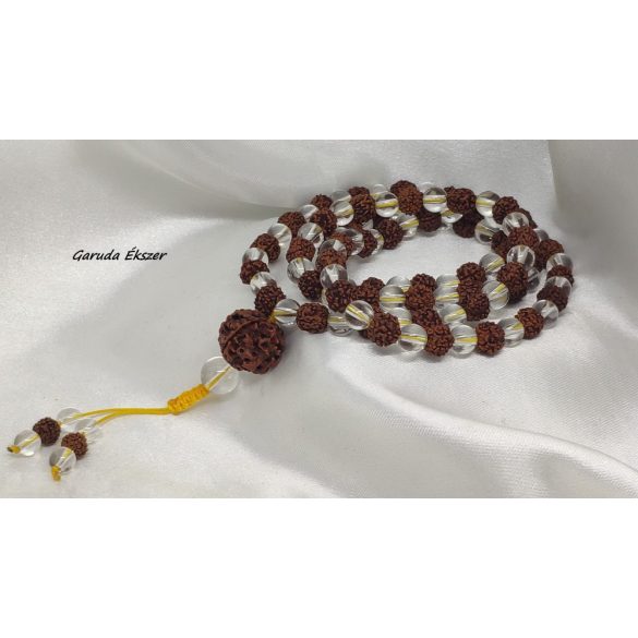 Rudraksha – hegyikristály mala – nyaklánc 5 mukhi-s extra guruszemmel.