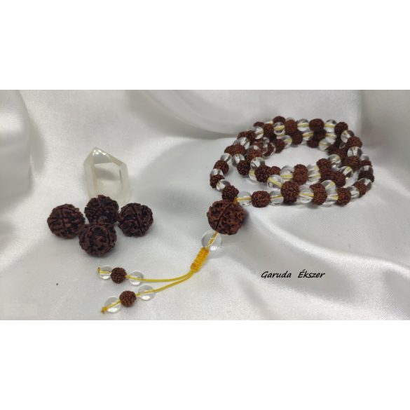Rudraksha – hegyikristály mala – nyaklánc 5 mukhi-s extra guruszemmel.