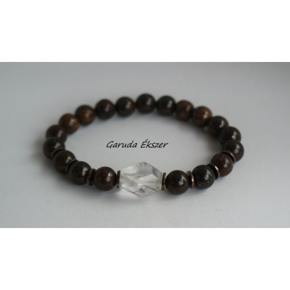 Bronzit Férfi ásvány karkötő gyógyító hegyikristállyal és hematittal
