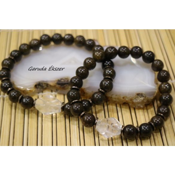 Bronzit Férfi ásvány karkötő gyógyító hegyikristállyal és hematittal