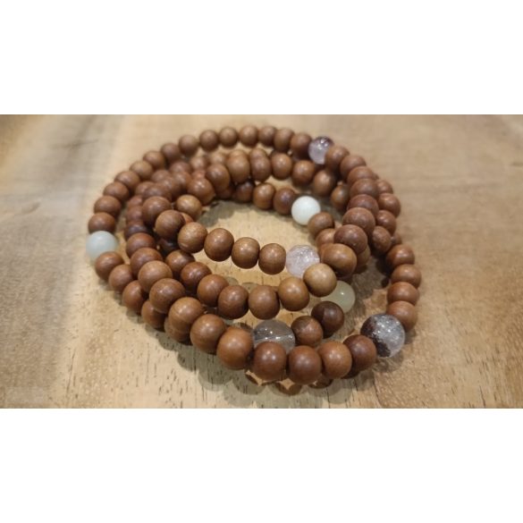 108 ZEN Mala karkötő Tibeti kvarc ,hematoid kvarc, fehér Ónix, sárga kalcit Nemes szantálfa fa, kívánság gyönggyel, ásvány karkötő 