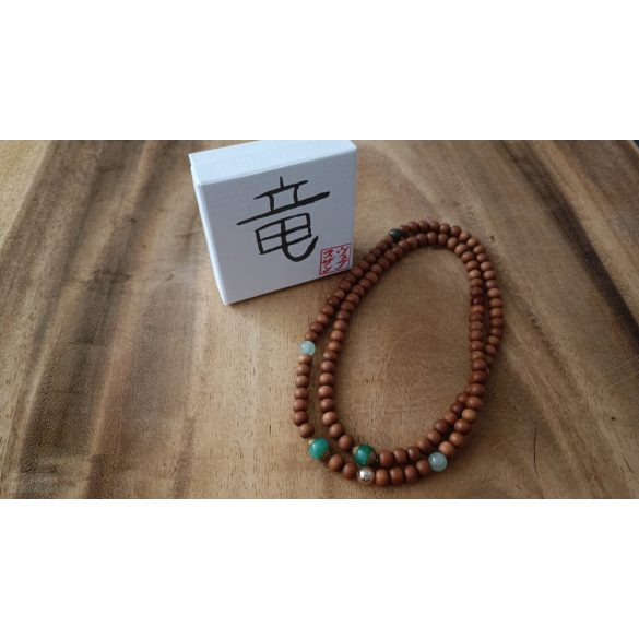 108 ZEN Mala - A Sárkány éve - karkötő Tibeti Jade gyöngy , Aventurin , Sárkányvér Jáspis, Karneol, Nemes szantálfa fa, arany aurakvarc kívánság gyönggyel, ásvány karkötő 