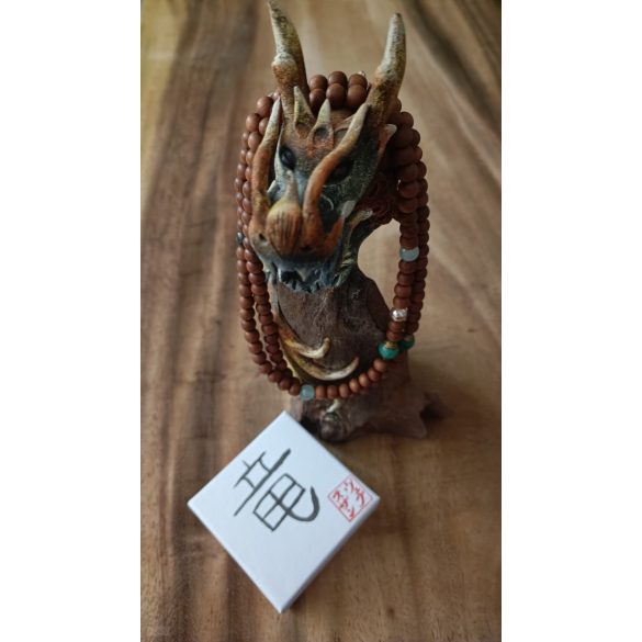 108 ZEN Mala - A Sárkány éve - karkötő Tibeti Jade gyöngy , Aventurin , Sárkányvér Jáspis, Karneol, Nemes szantálfa fa, arany aurakvarc kívánság gyönggyel, ásvány karkötő 
