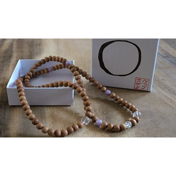 108 ZEN Mala – 2025 a kígyó éve - karkötő Lepidolit , hegyikristály Nemes szantál fa, angyal aurakvarc kívánság gyönggyel