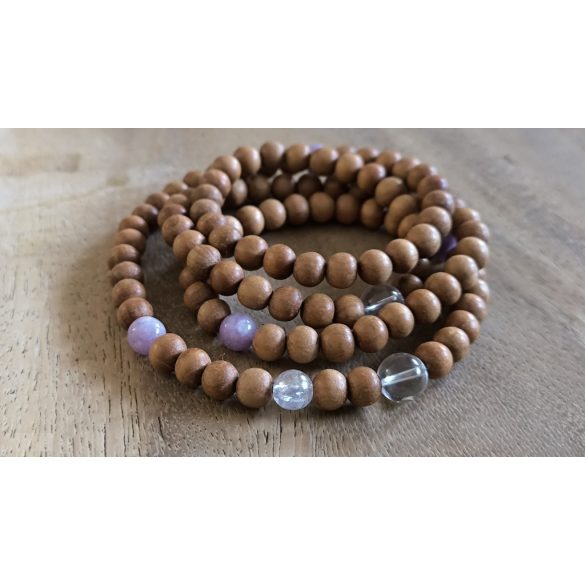 108 ZEN Mala – 2025 a kígyó éve - karkötő Lepidolit , hegyikristály Nemes szantál fa, angyal aurakvarc kívánság gyönggyel