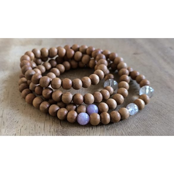 108 ZEN Mala – 2025 a kígyó éve - karkötő Lepidolit , hegyikristály Nemes szantál fa, angyal aurakvarc kívánság gyönggyel