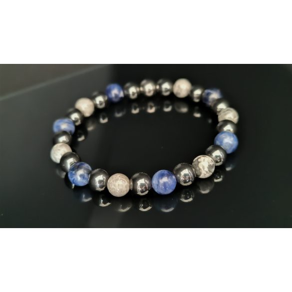 Monolith - Szodalit & Ezüstlevél Jáspis & Hematit férfi ásvány karkötő  - az Erő és Intuició  