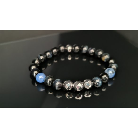 Monolith - Kék Tigrisszem & Dumortierit & Hematit férfi ásvány karkötő - KÉK AURA 