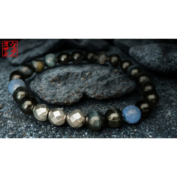Monolith - Kék Tigrisszem & Dumortierit & Hematit férfi ásvány karkötő - KÉK AURA 