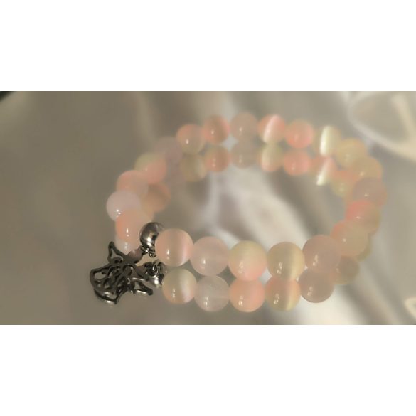 Gyerek Őrangyal Karkötő – Színjátékos Szelenit (Barack & Világos Zöld) & Rózsakvarc & Angyal Medál