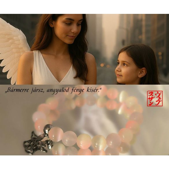 Gyerek Őrangyal Karkötő – Színjátékos Szelenit (Barack & Világos Zöld) & Rózsakvarc & Angyal Medál