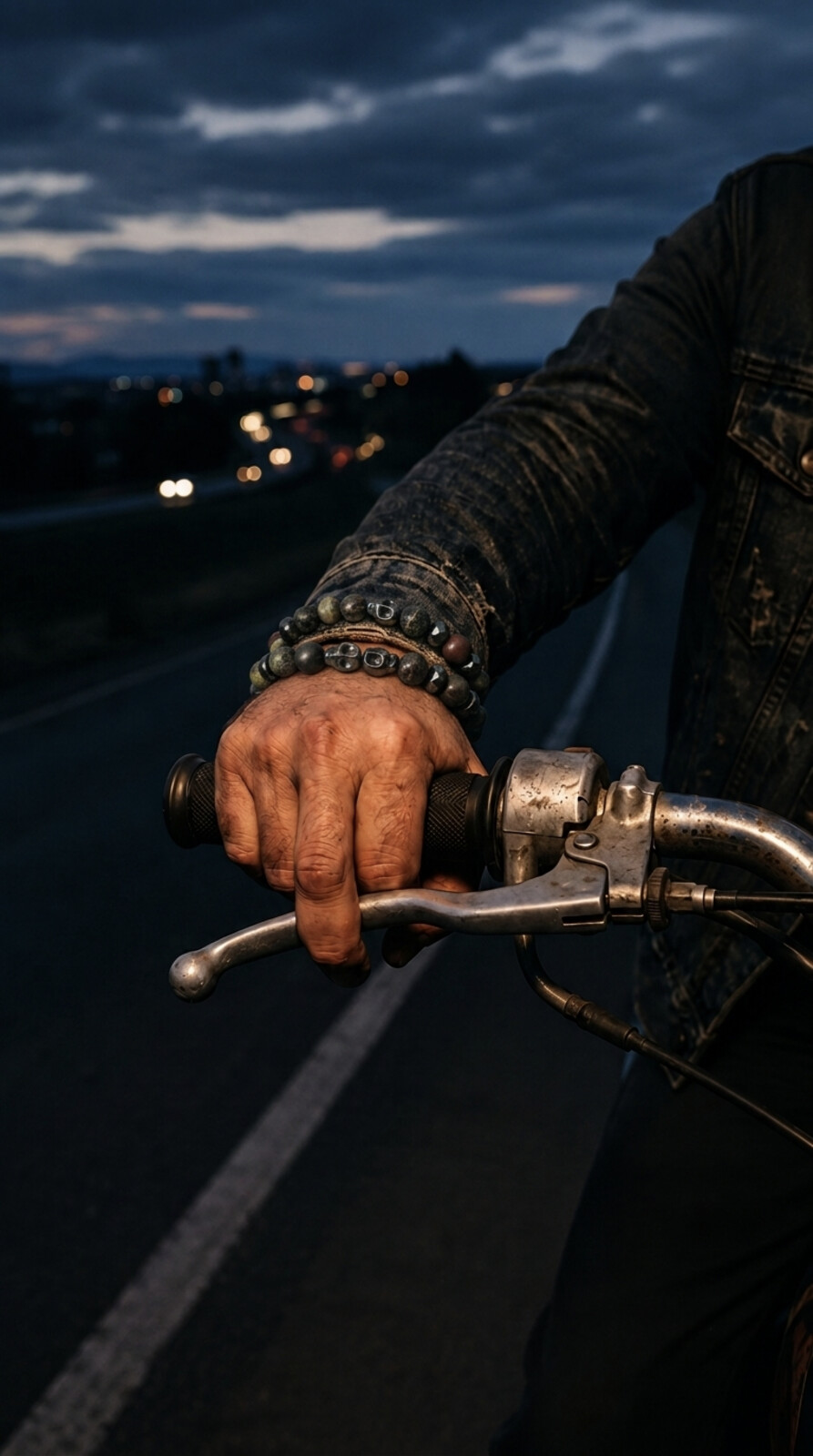 Férfi motorkerékpáron, UNBROKEN karkötőkkel a csuklóján